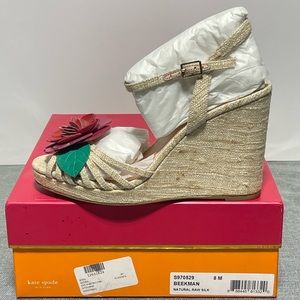 Kate Spade Wedge Floral Sandal Beekman Natural Raw Silk Womens Size 8 New